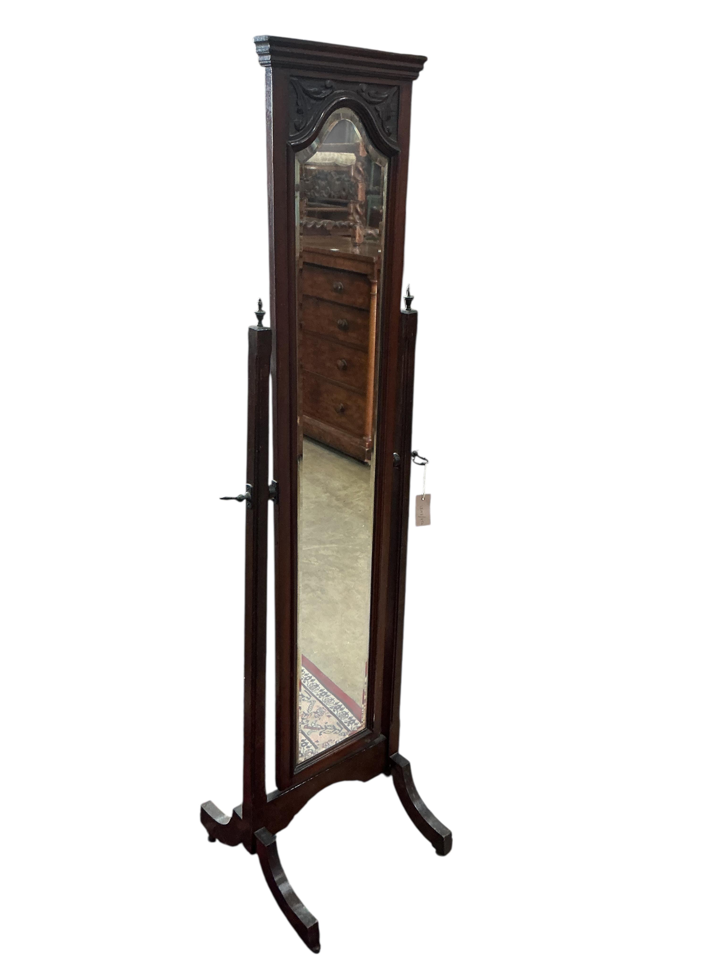 A narrow Victorian and later mahogany cheval mirror, width 46cm, height 163cm
